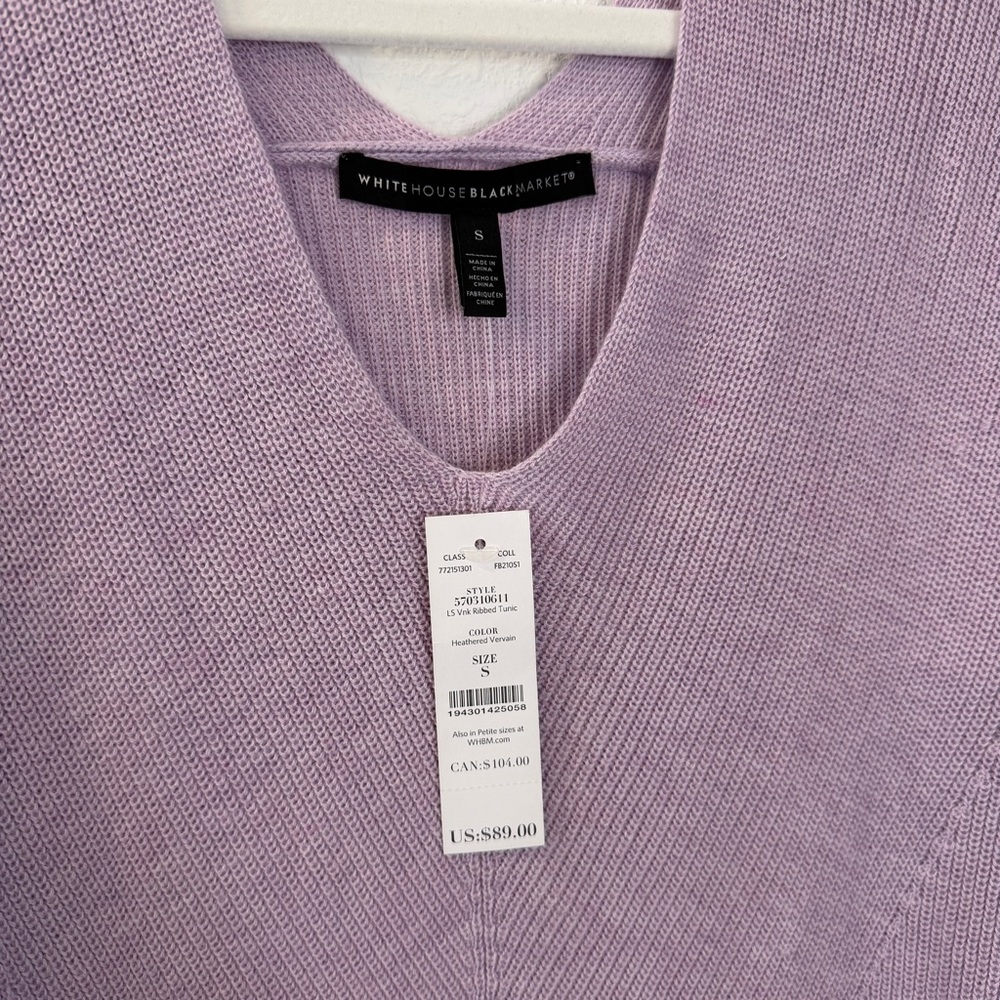 WHBM Cashmere Blend Lilac L/S V-Neck Ribbed Tunic Sweater Size XS NEW $89 Spring - Picture 5 of 7